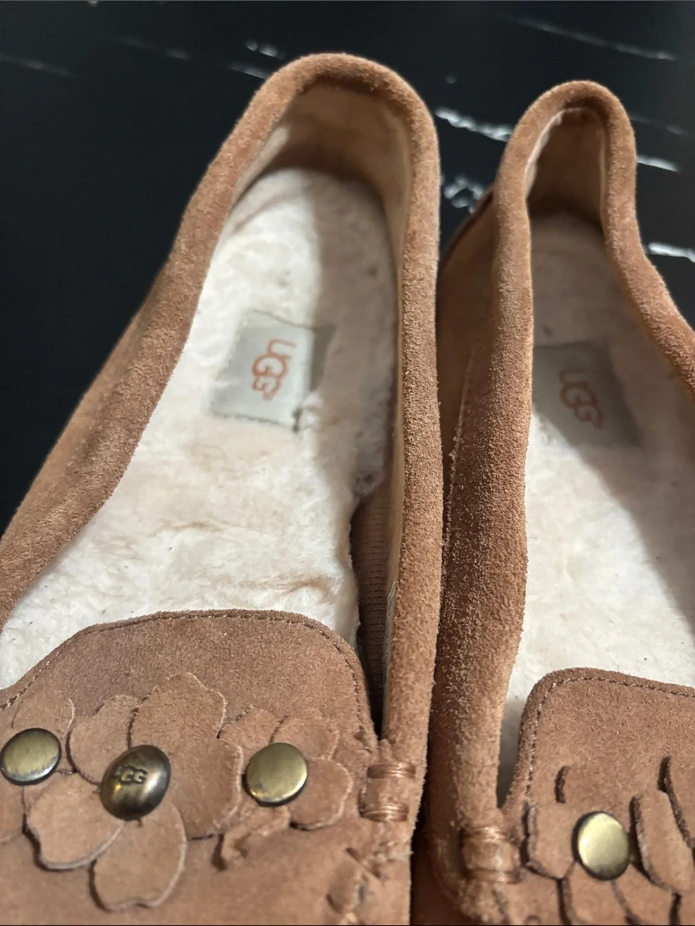 UGG Chestnut Suede Floral Studded Espadrille Flats